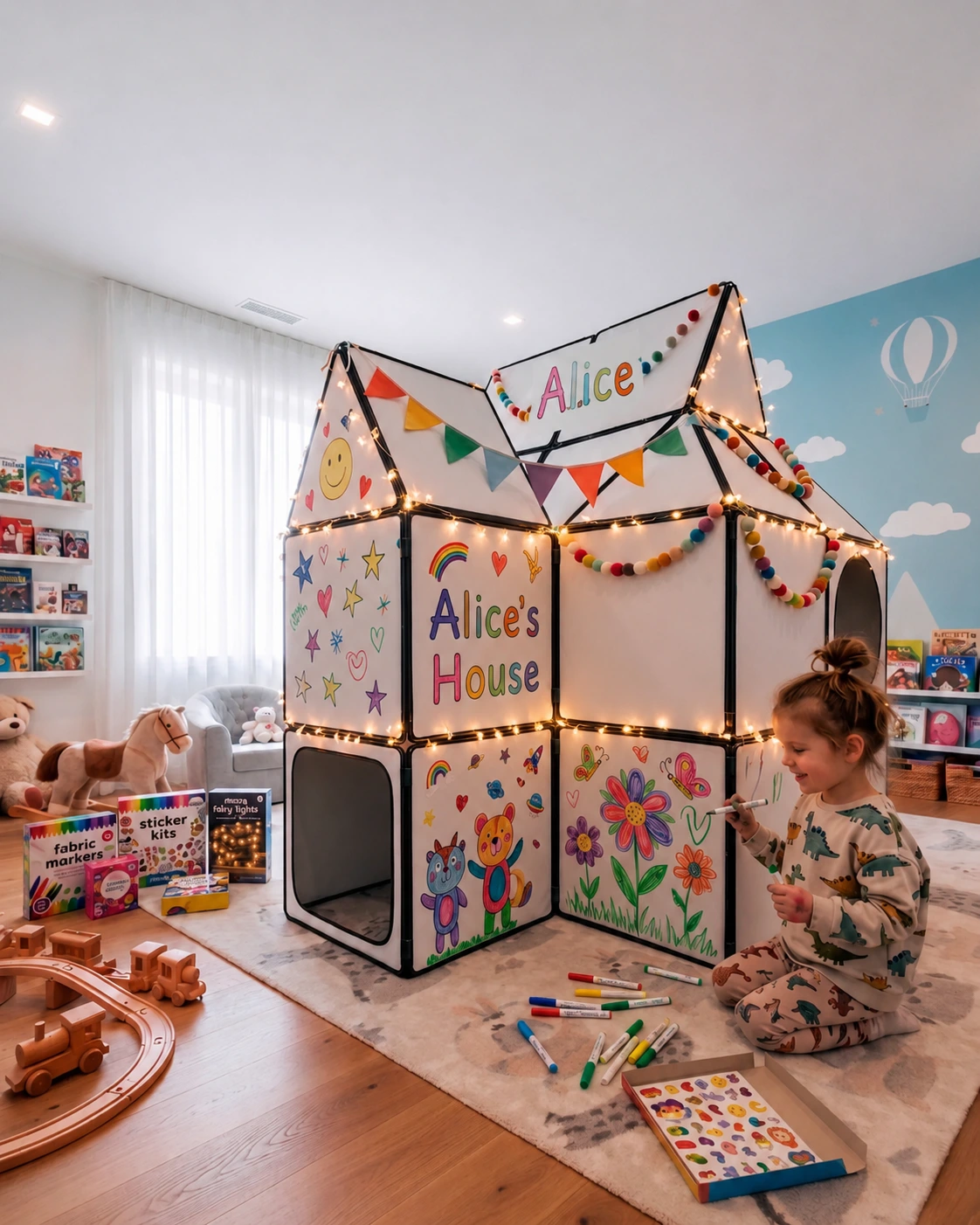 Child colouring an Etude playhouse