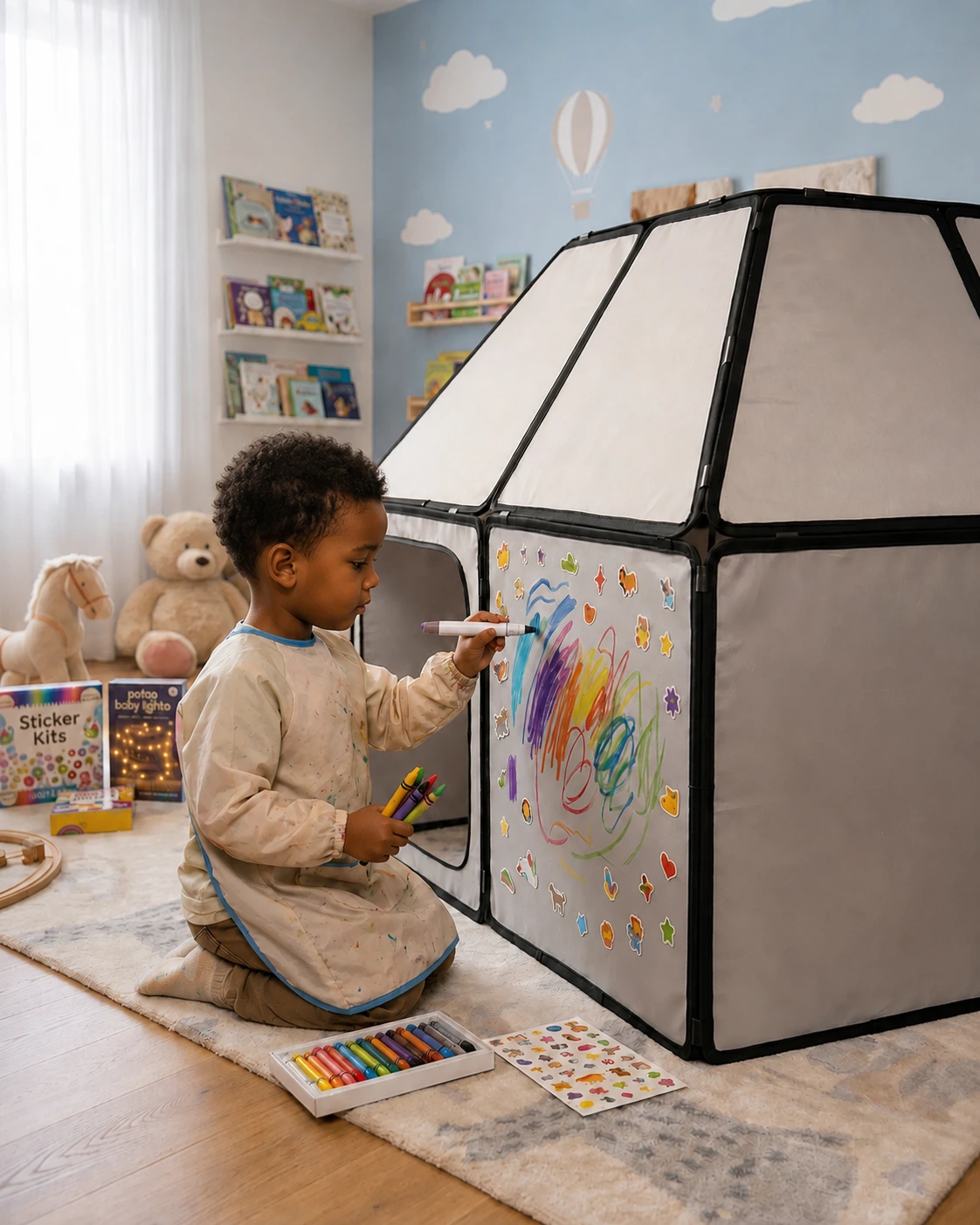 Child colouring the house with markers