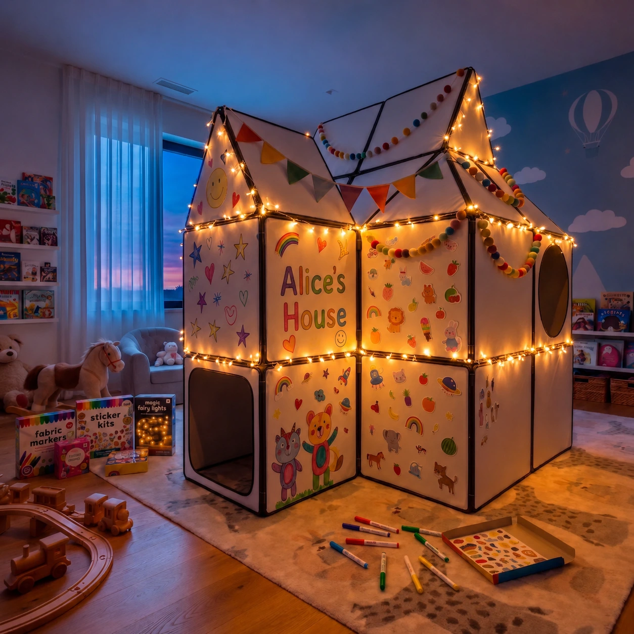 House with string lights at dusk